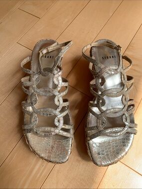 Stuart Weitzman Metallic Gold Snake-Embossed Strappy Sandals